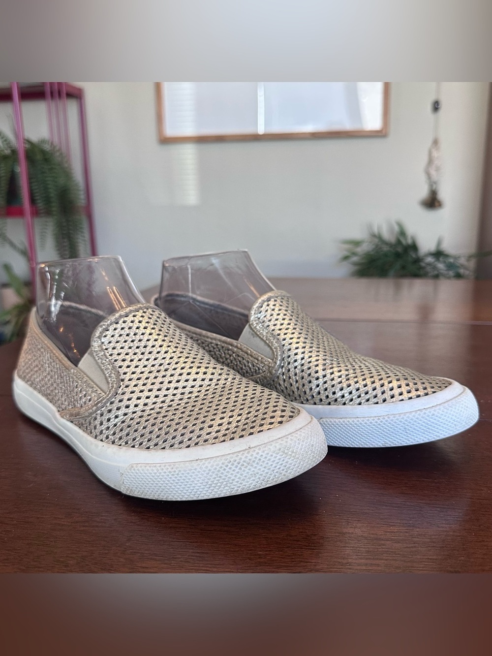 Sperry Slip-On Sneakers Gold Metallic Leather Perforated | Size 7.5 - Picture 2 of 9